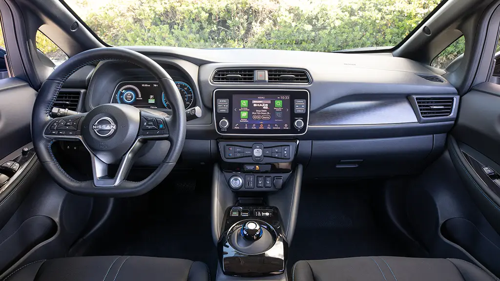 The interior console of a 2023 Nissan Leaf electric car, which is unchanged for the 2024 model. 