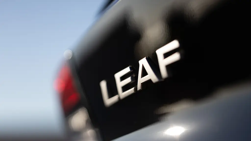 The badge of a 2023 Nissan LEAF, which will be unchanged on the 2024 Nissan LEAF model. 