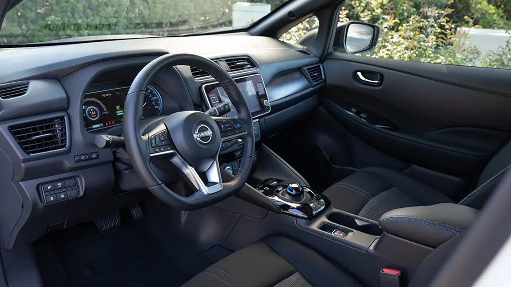 The interior of a 2023 Nissan LEAF electric vehicle. 