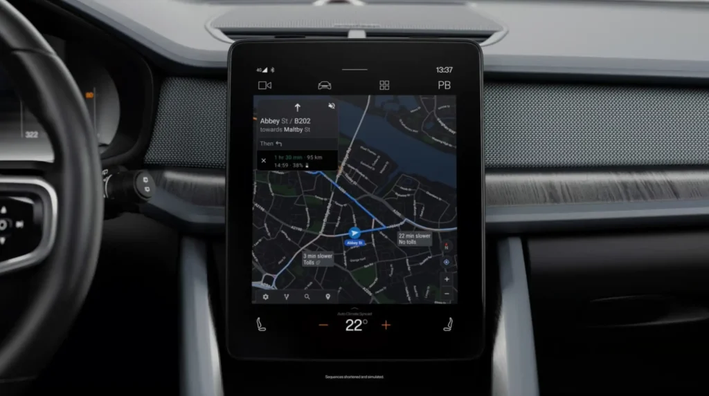 Image of a Polestar 2 electric car's dashboard featuring Google Maps on an Android Automotive OS build. 