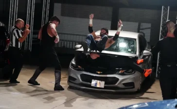 A still from the AEW parking lot fight between best friends and proud and powerful. From AEW Dynamite, Sept 16, 2020