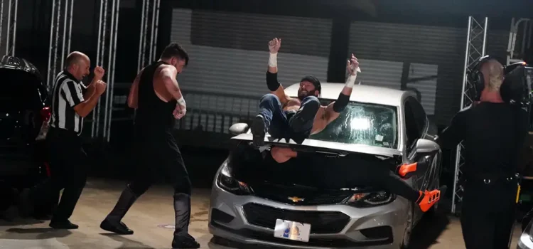 A still from the AEW parking lot fight between best friends and proud and powerful. From AEW Dynamite, Sept 16, 2020
