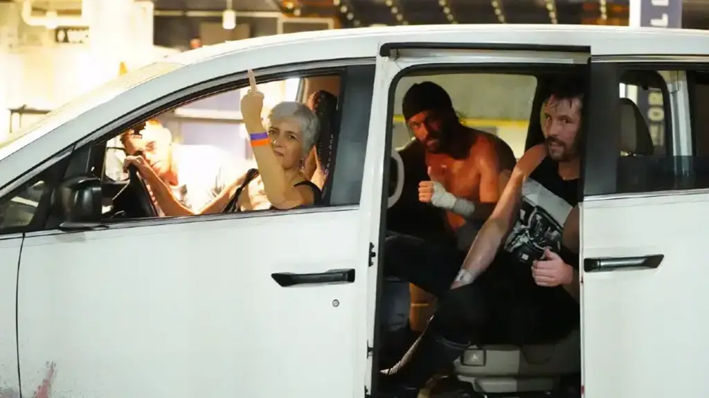Sue, Trent's Mom, picks up Trent Beretta and Chuck Taylor after the Parking Lot Fight on AEW Dynamite September 16, 2020.