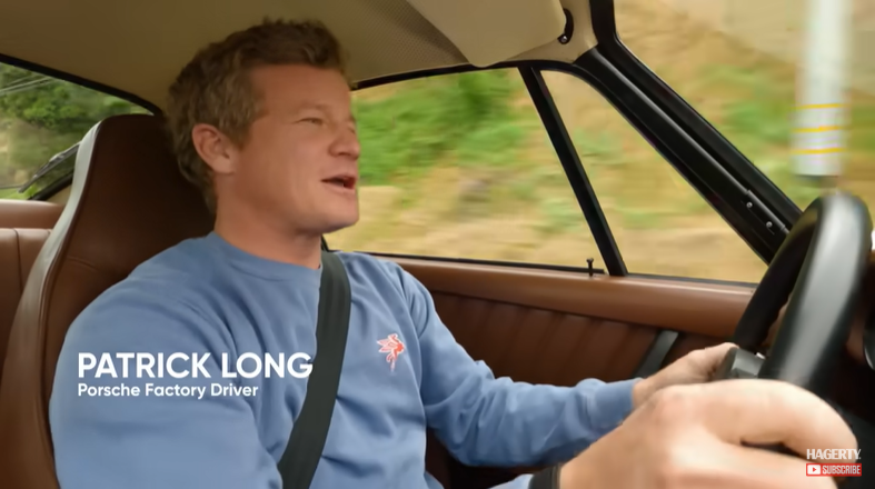 Patrick Long being introduced as a Porsche factory driver while driving a car in the Hagerty documentary Racing With Giants: Porsche at Le Mans