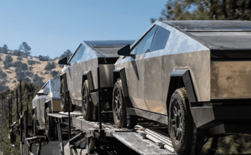 Tesla Cybertruck fleet moving on outdoor articulation ramps