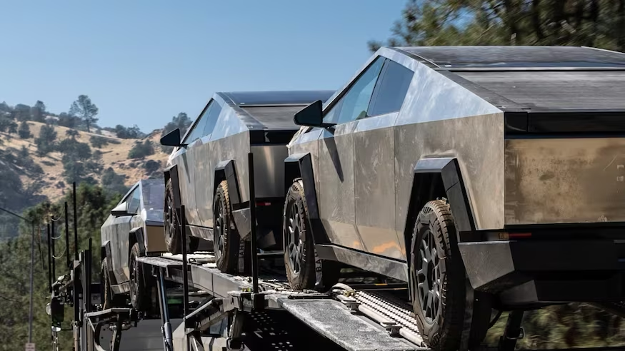 Tesla Cybertruck fleet moving on outdoor articulation ramps