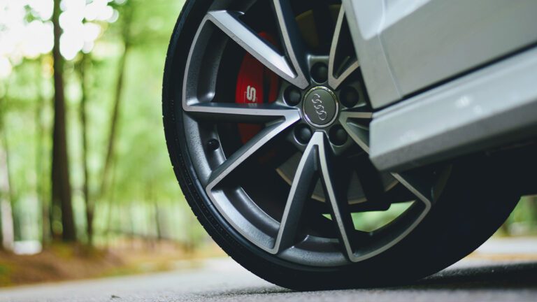 Close-up of front wheel and tire.