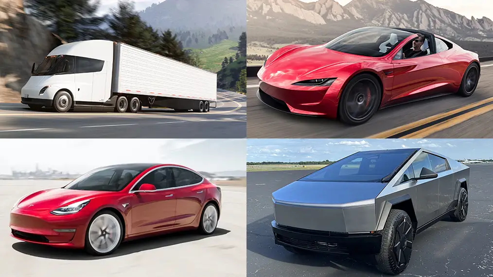 Four of Tesla's upcoming electric vehicles, the Tesla Semi, The Tesla Roadster 2.0, the Tesla Model 2, and the Tesla Cybertruck. 