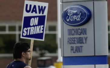 UAW member on strike outside Ford plant in Michigan