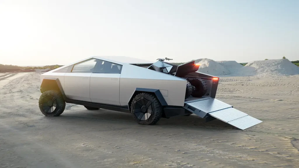A 2024 Tesla Cybertruck is seen carrying a Cybertruck-themed all-terrain vehicle.