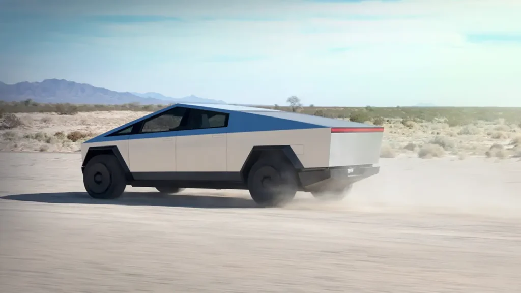A 2024 Tesla Cybertruck is seen cruising through the desert. 