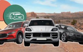 Mazda CX-30, Porsche Macan, and Chevy Camaro driving through a canyon