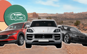 Mazda CX-30, Porsche Macan, and Chevy Camaro driving through a canyon