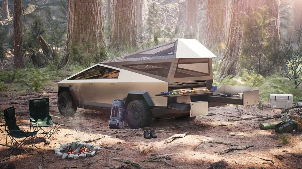 A concept image of a Tesla Cybertruck with camping attachments including a tent. 