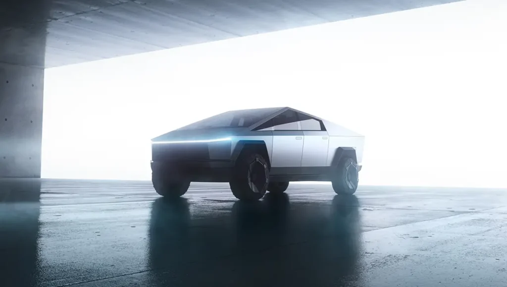 A rendering of a Tesla is seen in a brutalism-inspired space. 