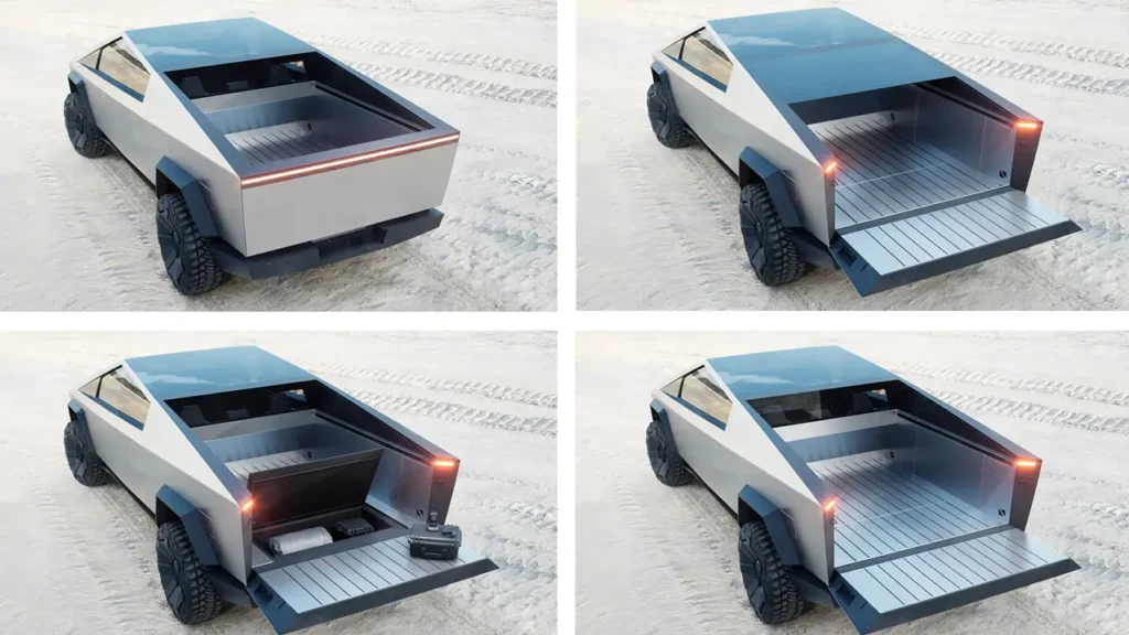 Four images of the cargo bed of a 2024 Tesla Cybertruck shown in different arrangements. 