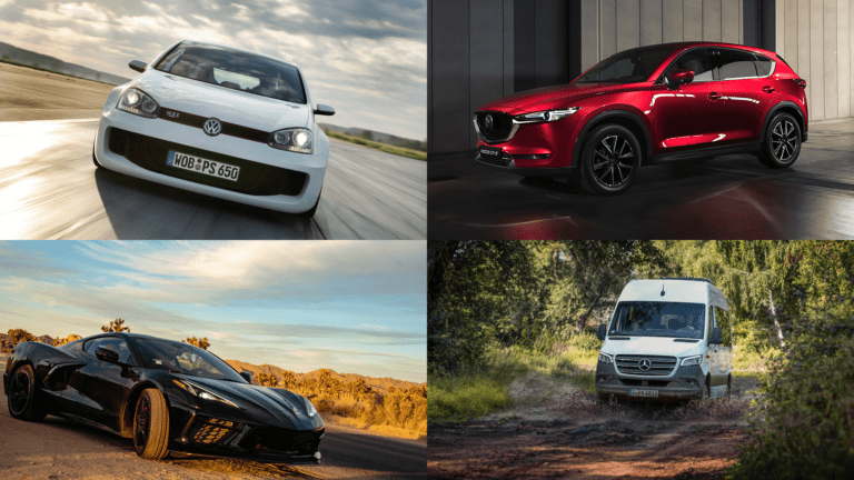 VW Golf GTI (top left), Mazda CX-5 (top right), Corvette C8 (bottom left), Mercedes Sprinter van (bottom right)
