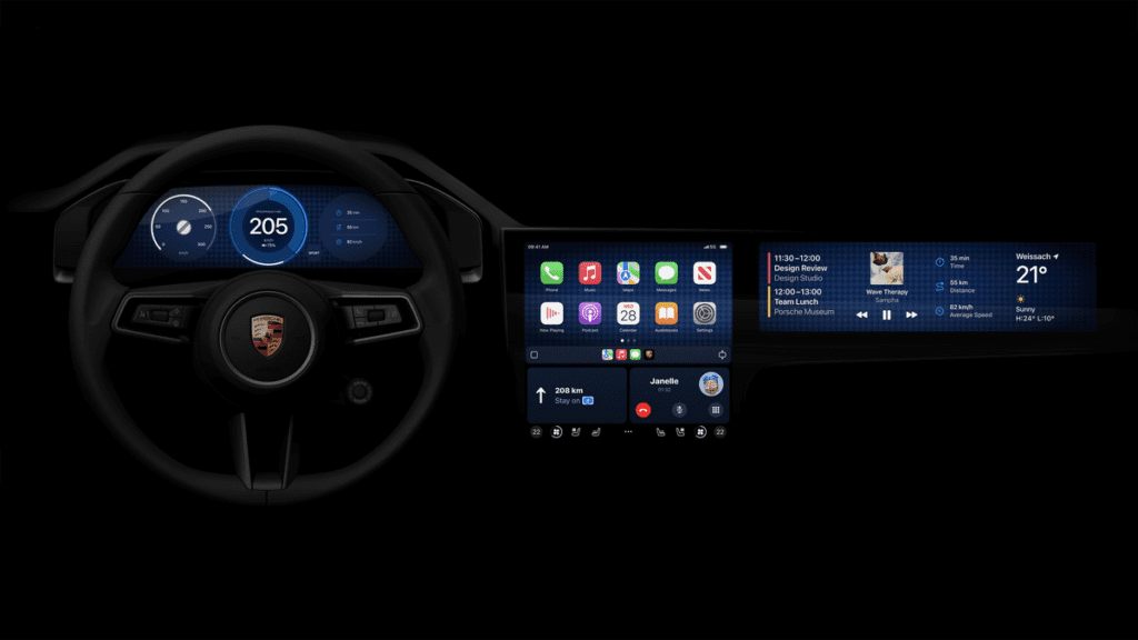 Porsche’s mockup showing an updated Apple CarPlay home screen with additional displays and icons