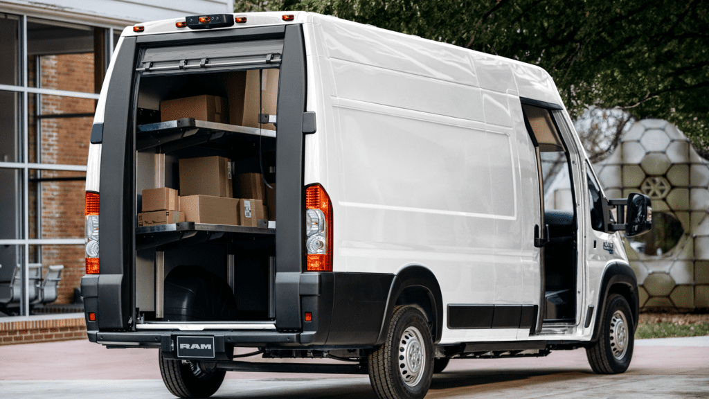 Ram ProMaster EV full of packages with rear door rolled up