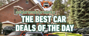 A motor court driveway full of vehicles overlayed with the text "Acceleramota presents: The best car deals of the day"