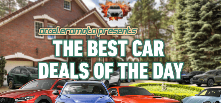 A motor court driveway full of vehicles overlayed with the text "Acceleramota presents: The best car deals of the day"